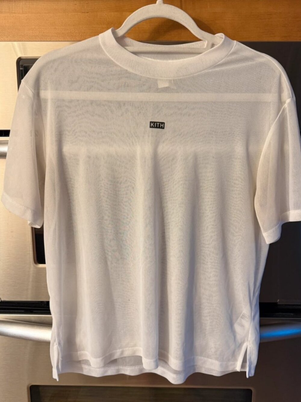 White Semi-Sheer Mesh Short Sleeve T-Shirt with Minimal Chest Logo, Women’s M /